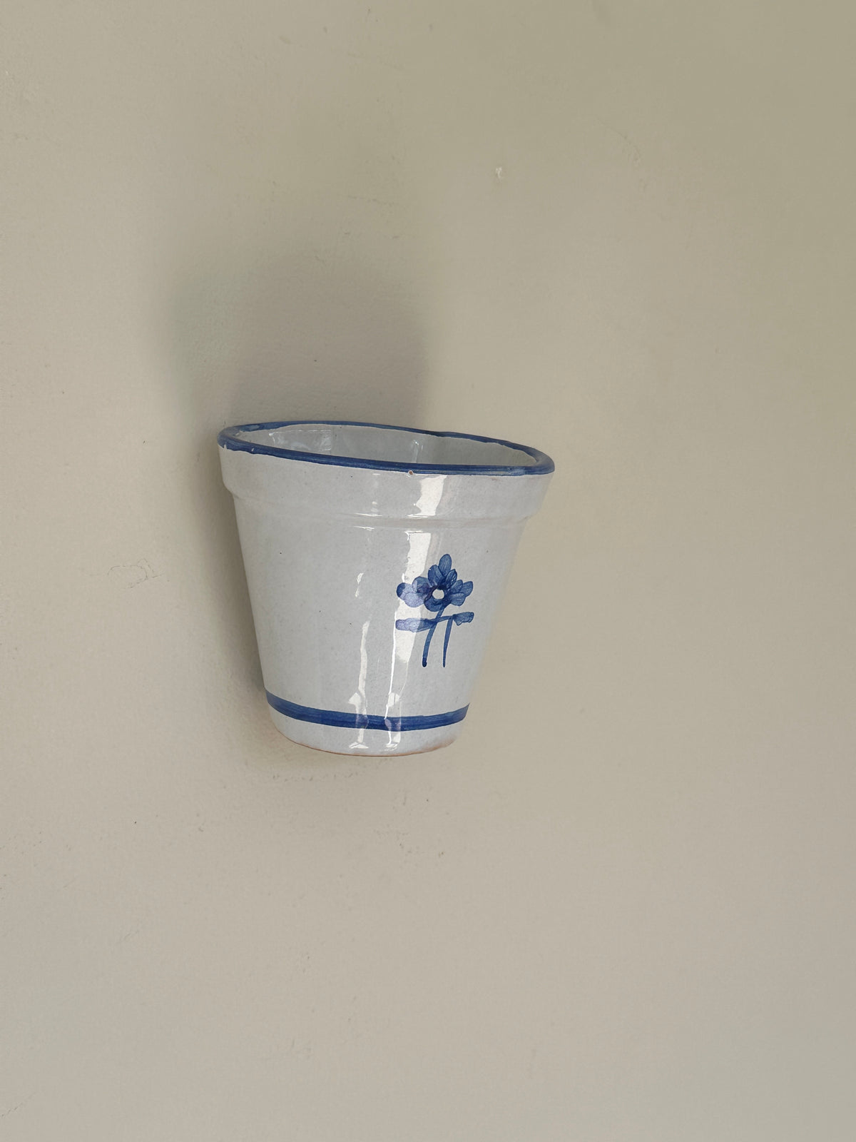 Vintage Spanish Hand-Painted Blue and Off-White Ceramic Wall Pot