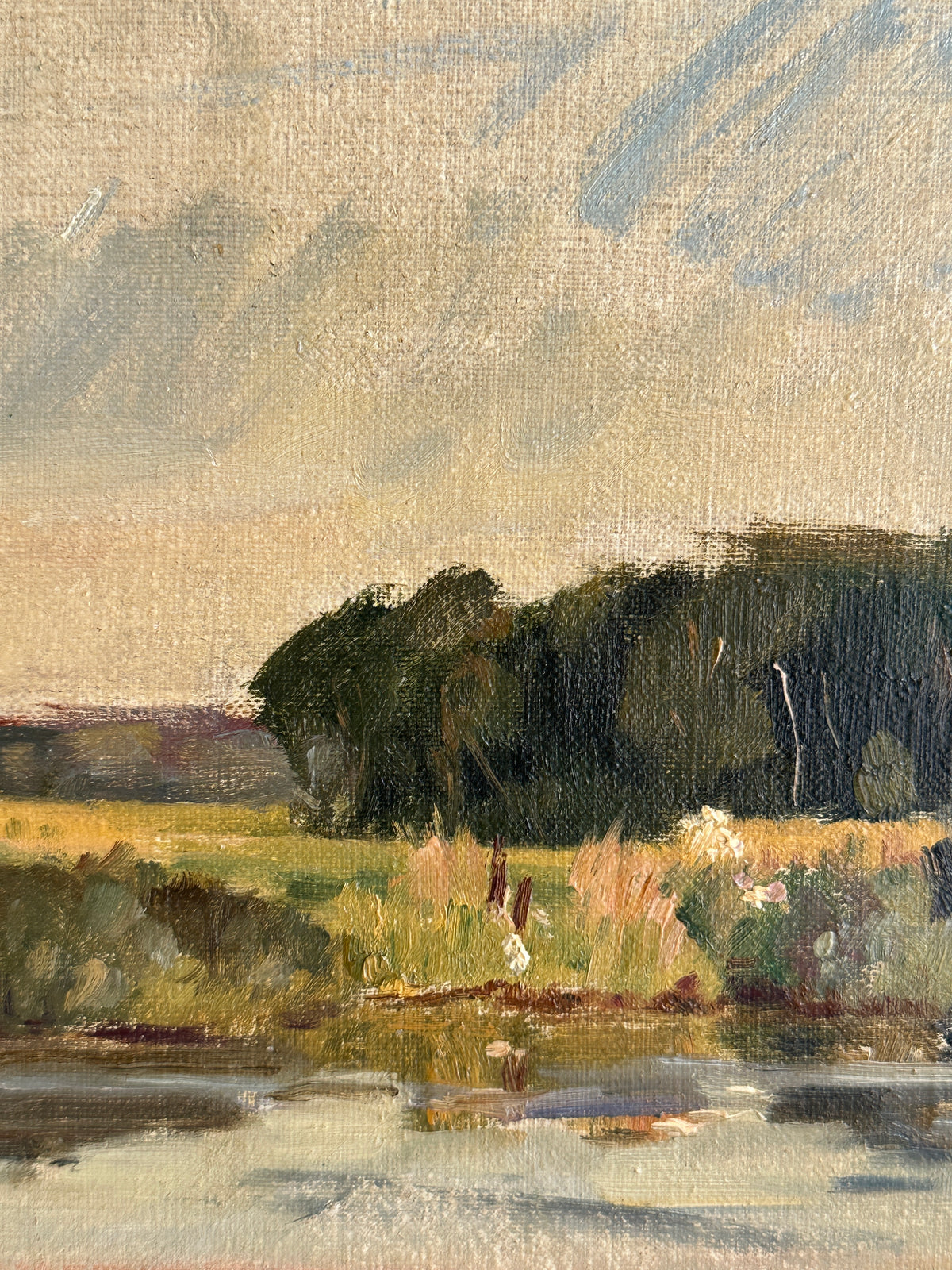 The Lake, Vintage Swedish Landscape Oil Painting in Gold Gilt Frame