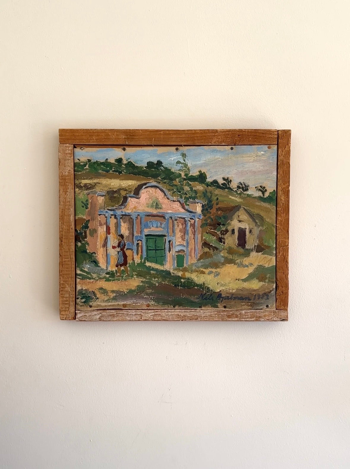 “Lady by the Pink House” – Swedish Oil Painting by Nils Apelman Öberg