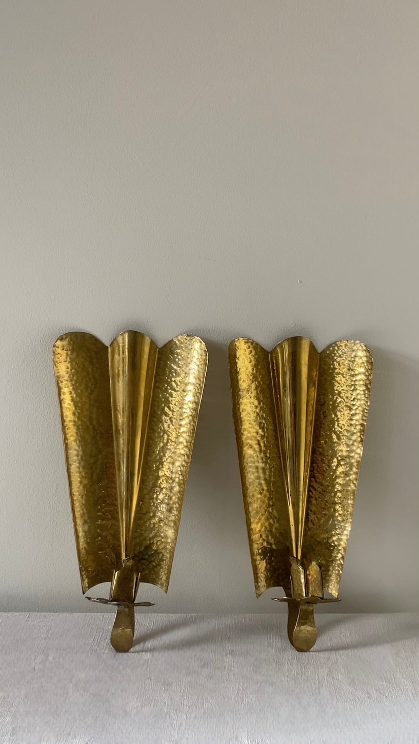 Swedish Hammered Brass Fan Sconces