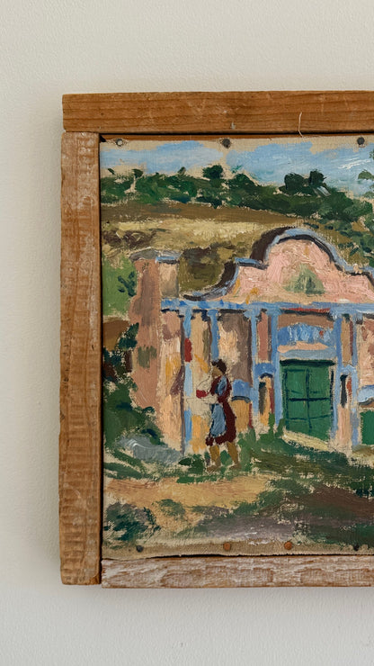 “Lady by the Pink House” – Swedish Oil Painting by Nils Apelman Öberg