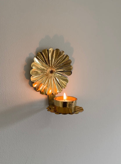 Vintage Swedish Brass Flower Tealight Wall Sconce