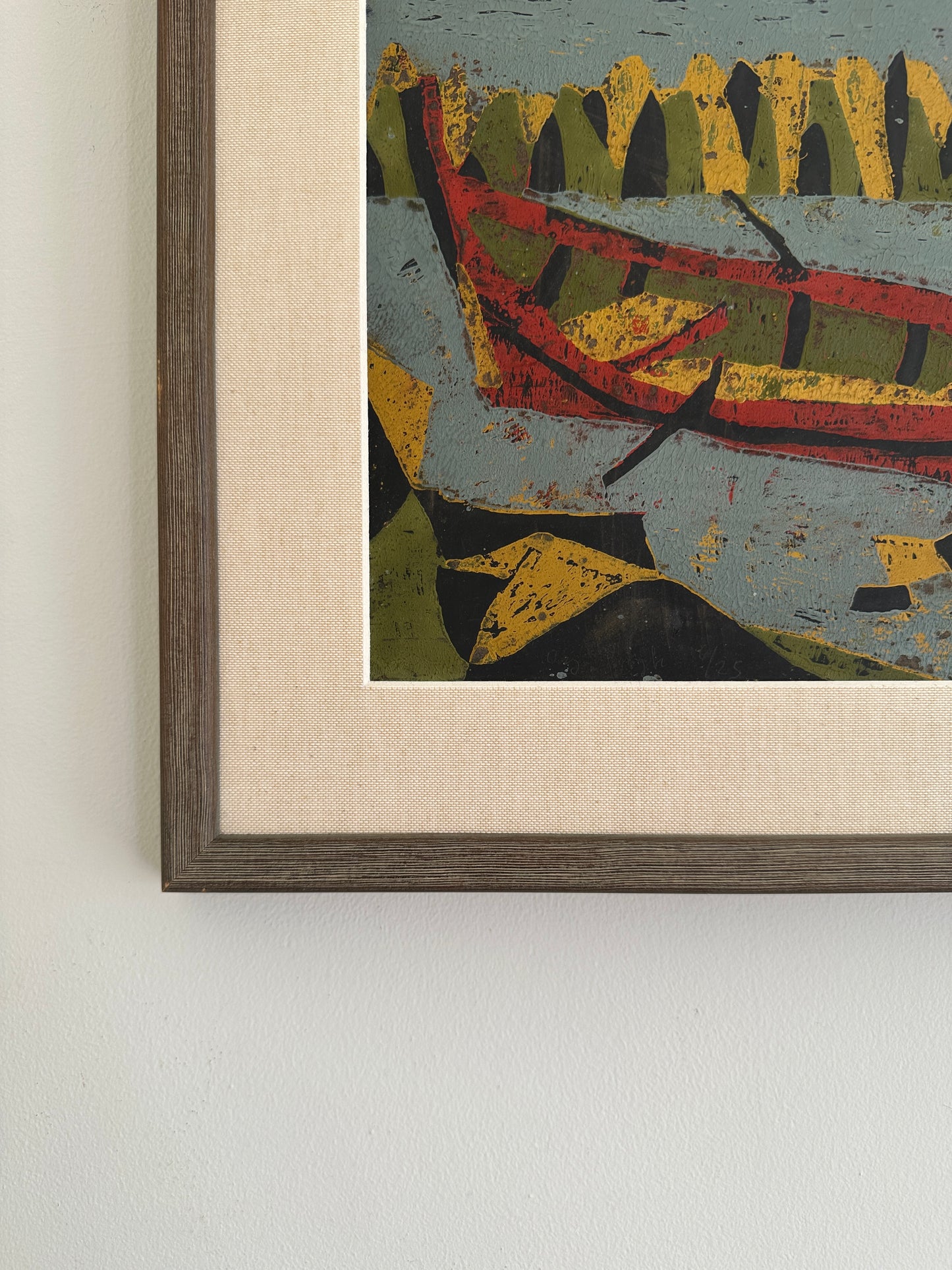 The Red Boat, Vintage Swedish Woodblock Print, Framed