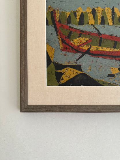 The Red Boat, Vintage Swedish Woodblock Print, Framed