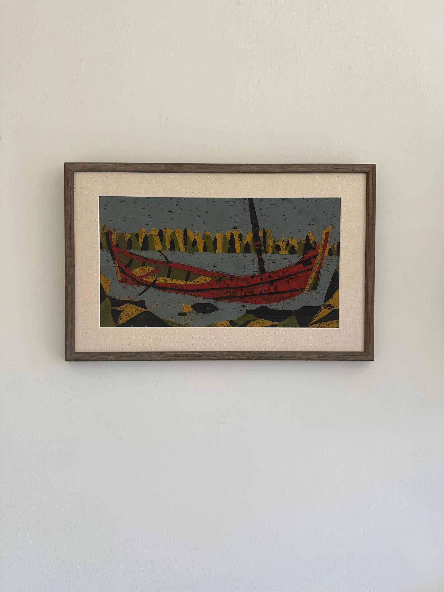 The Red Boat, Vintage Swedish Woodblock Print, Framed