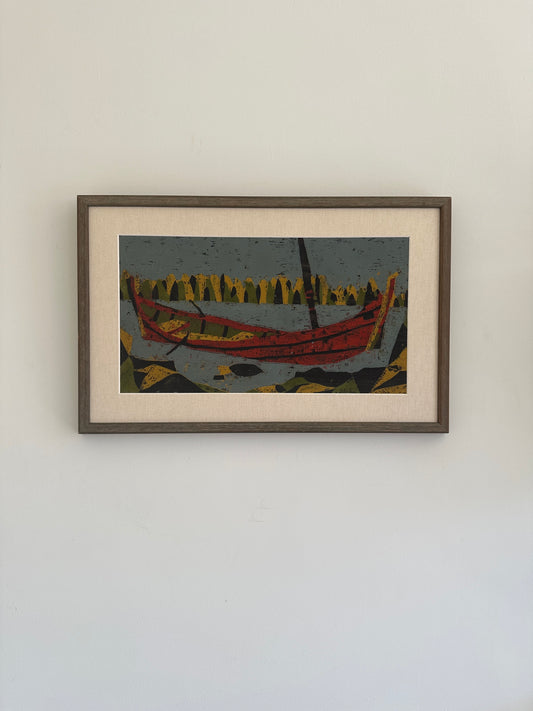 The Red Boat, Vintage Swedish Woodblock Print, Framed