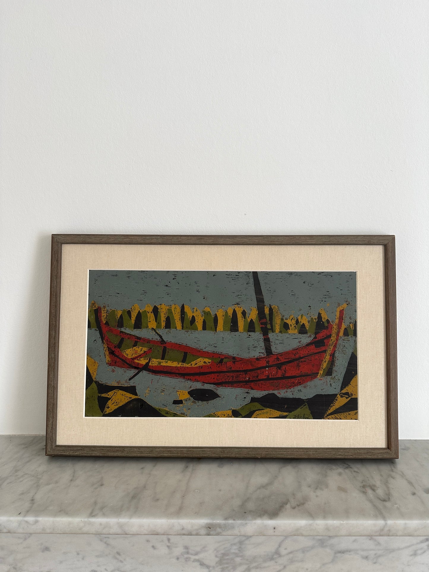 The Red Boat, Vintage Swedish Woodblock Print, Framed