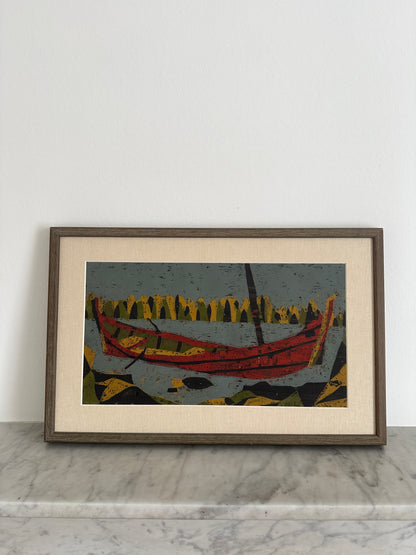The Red Boat, Vintage Swedish Woodblock Print, Framed
