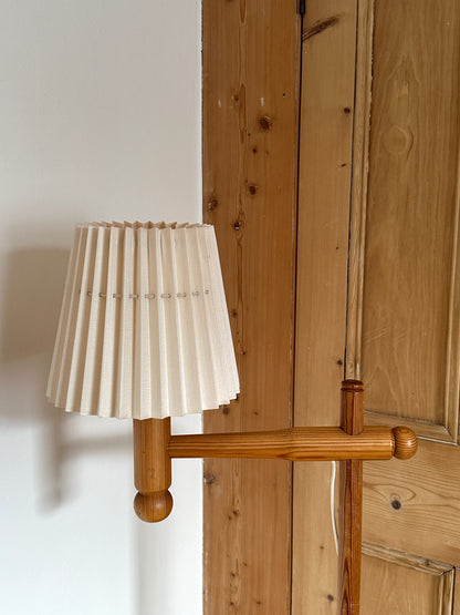 Vintage Swedish Pine Floor Lamp with Original Pleated Shade