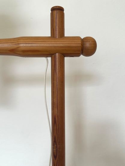 Vintage Swedish Pine Floor Lamp with Original Pleated Shade