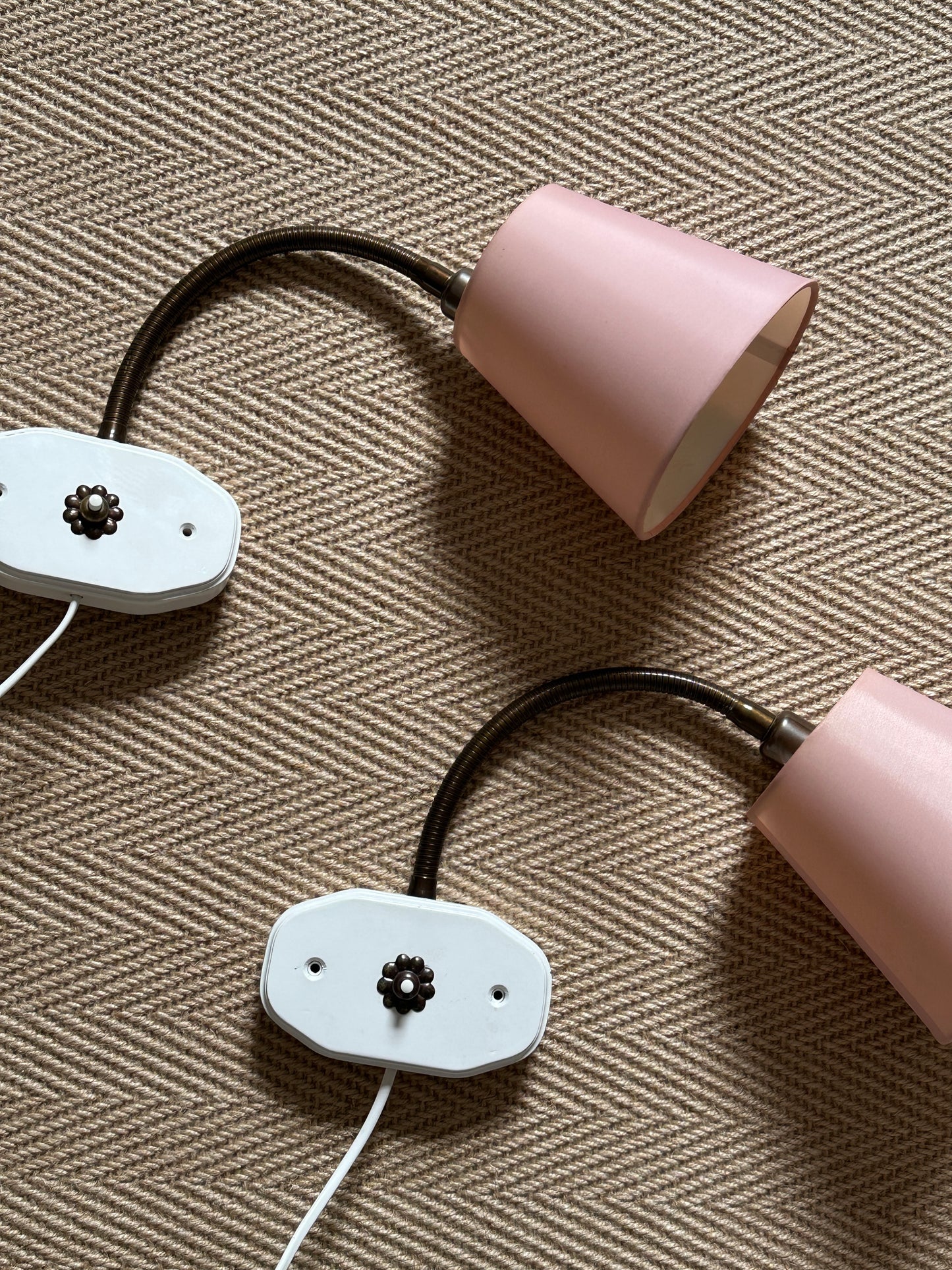Vintage Swedish Wall Lights with Painted Wood Backplates & Brass Flower Switches