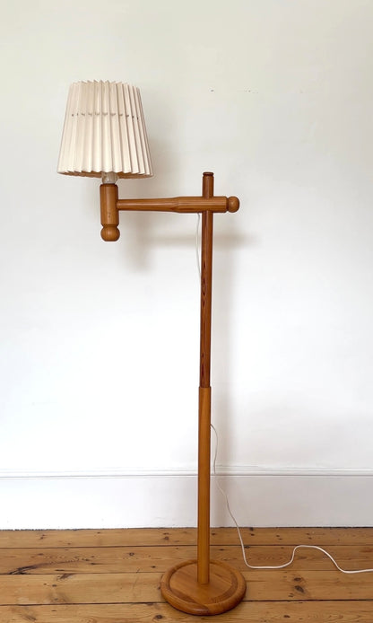 Vintage Swedish Pine Floor Lamp with Original Pleated Shade