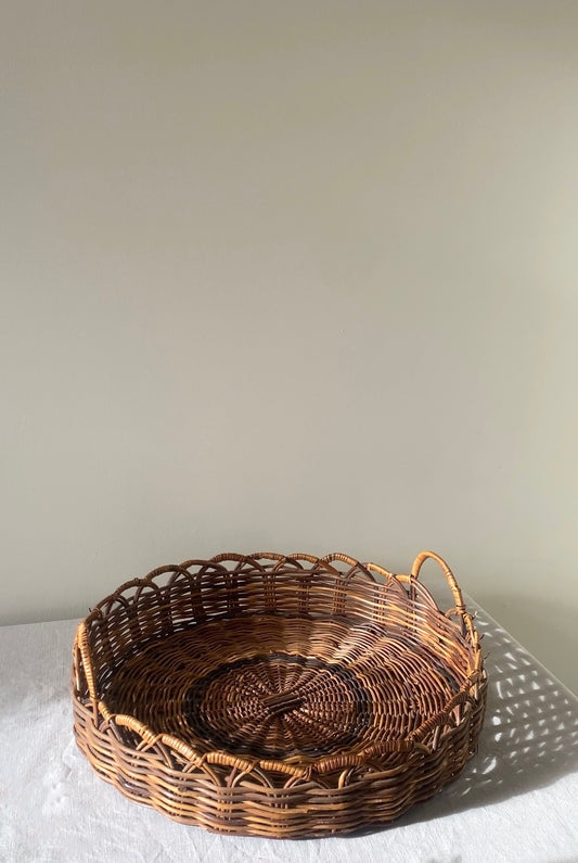 Vintage English Large Wicker Tray with Patterned Weave