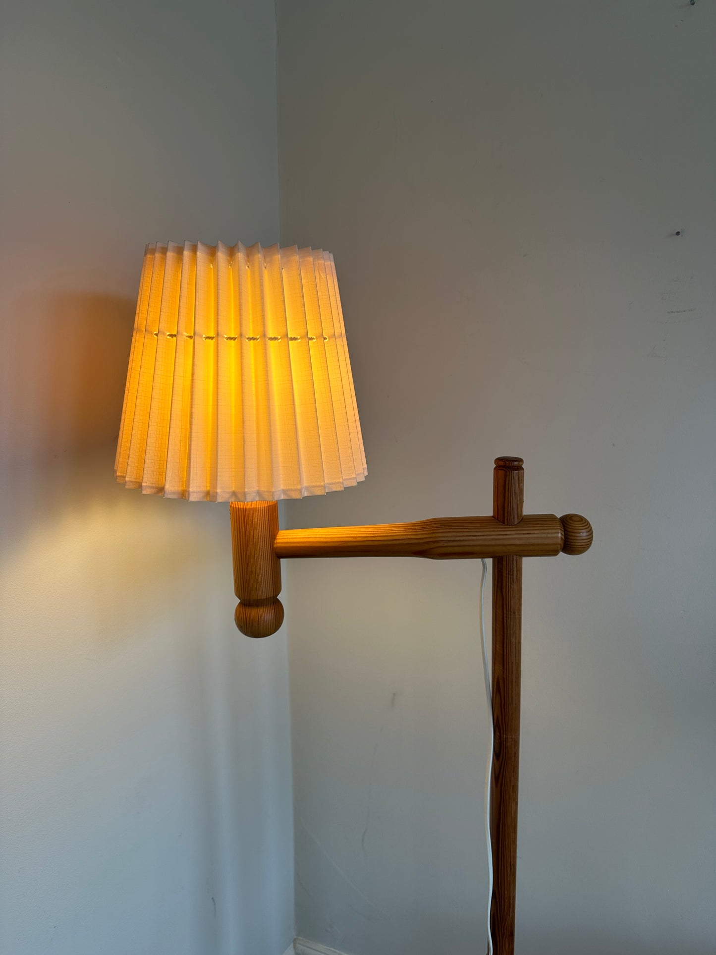 Vintage Swedish Pine Floor Lamp with Original Pleated Shade