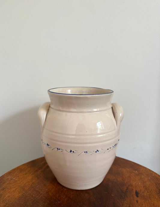 Vintage Swedish Cream Ceramic Pot with Hand-Painted Blue Design