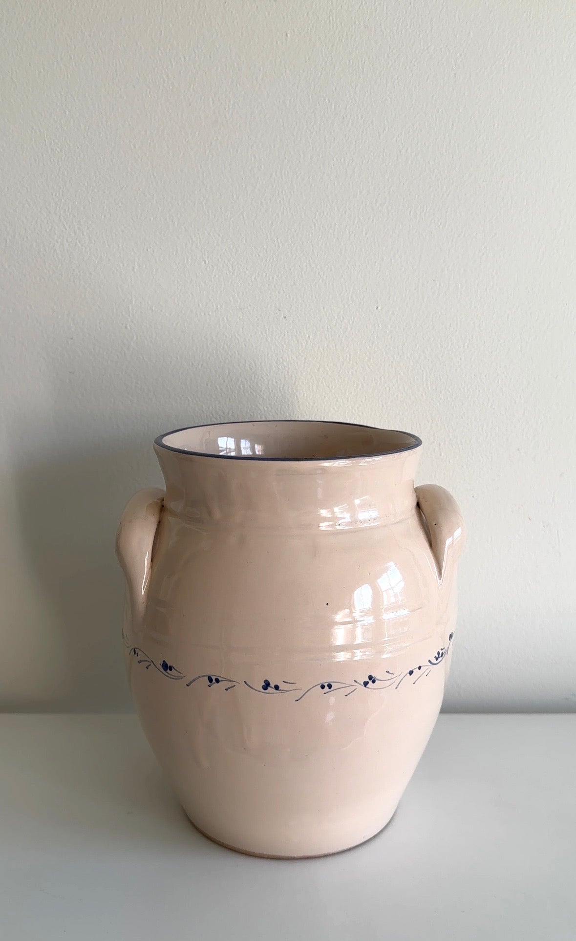 Vintage Swedish Cream Ceramic Pot with Hand-Painted Blue Design