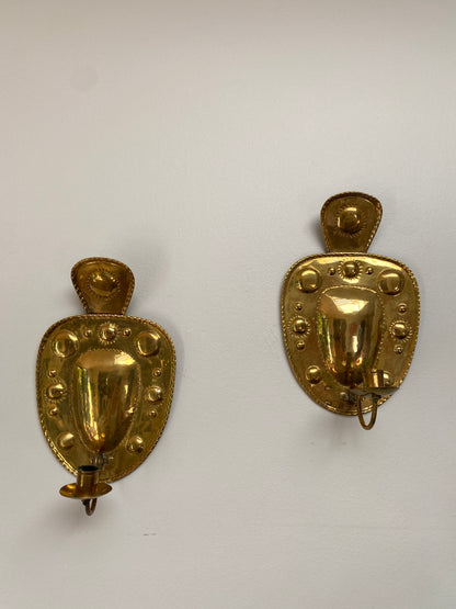 Pair of Vintage Swedish Embossed Brass Wall Sconces