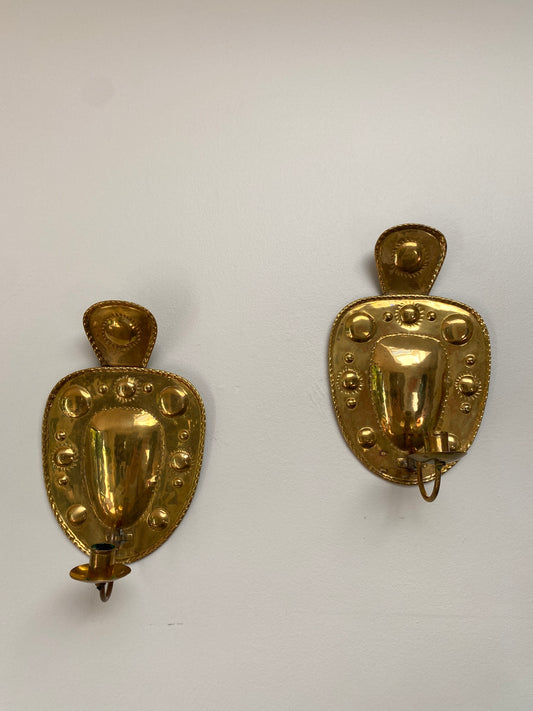 Pair of Vintage Swedish Embossed Brass Wall Sconces