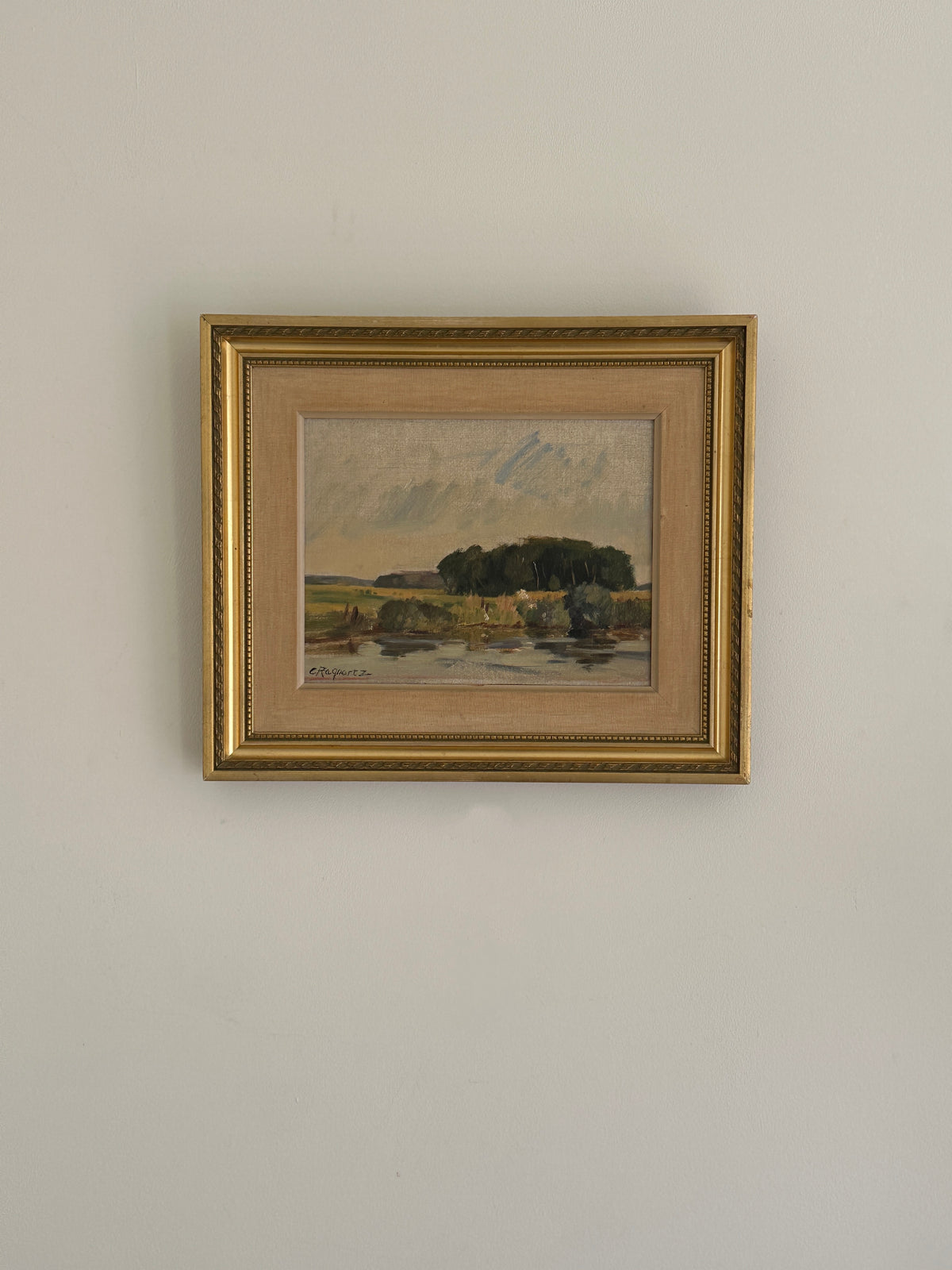 The Lake, Vintage Swedish Landscape Oil Painting in Gold Gilt Frame