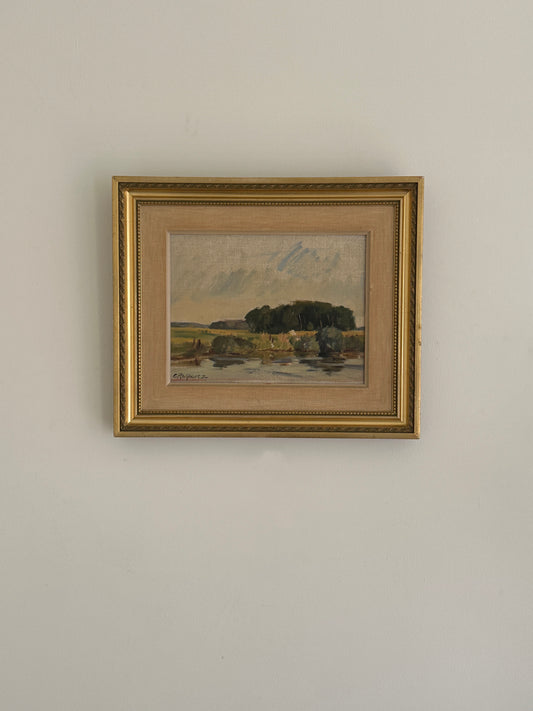 The Lake, Vintage Swedish Landscape Oil Painting in Gold Gilt Frame