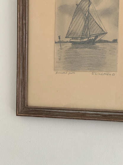 Vintage Swedish Boat Sketch, Signed and Dated 1951
