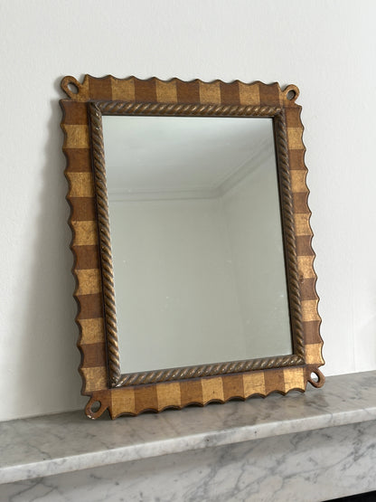 Vintage Scalloped Gold Checkered Wall Mirror