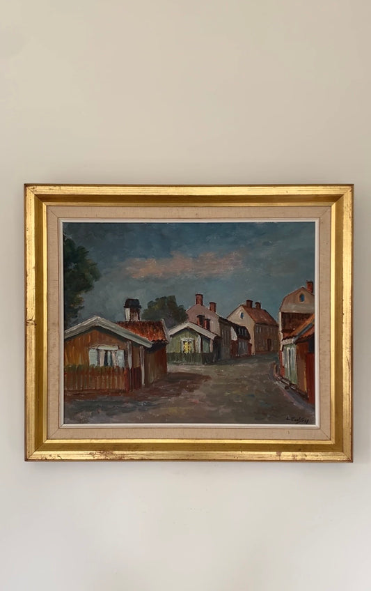 The Houses, Swedish Mid-Century Oil Painting, Signed