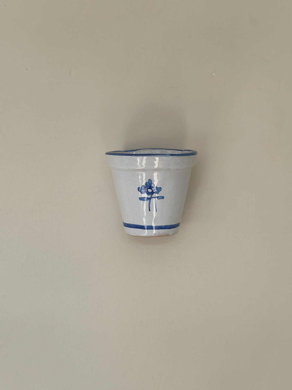 Vintage Spanish Hand-Painted Blue and Off-White Ceramic Wall Pot