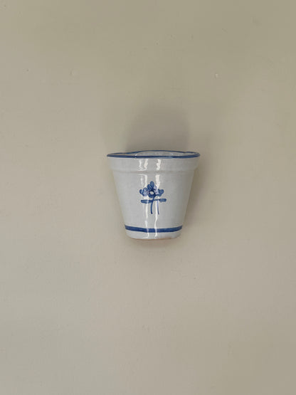 Vintage Spanish Hand-Painted Blue and Off-White Ceramic Wall Pot