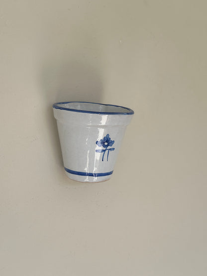 Vintage Spanish Hand-Painted Blue and Off-White Ceramic Wall Pot
