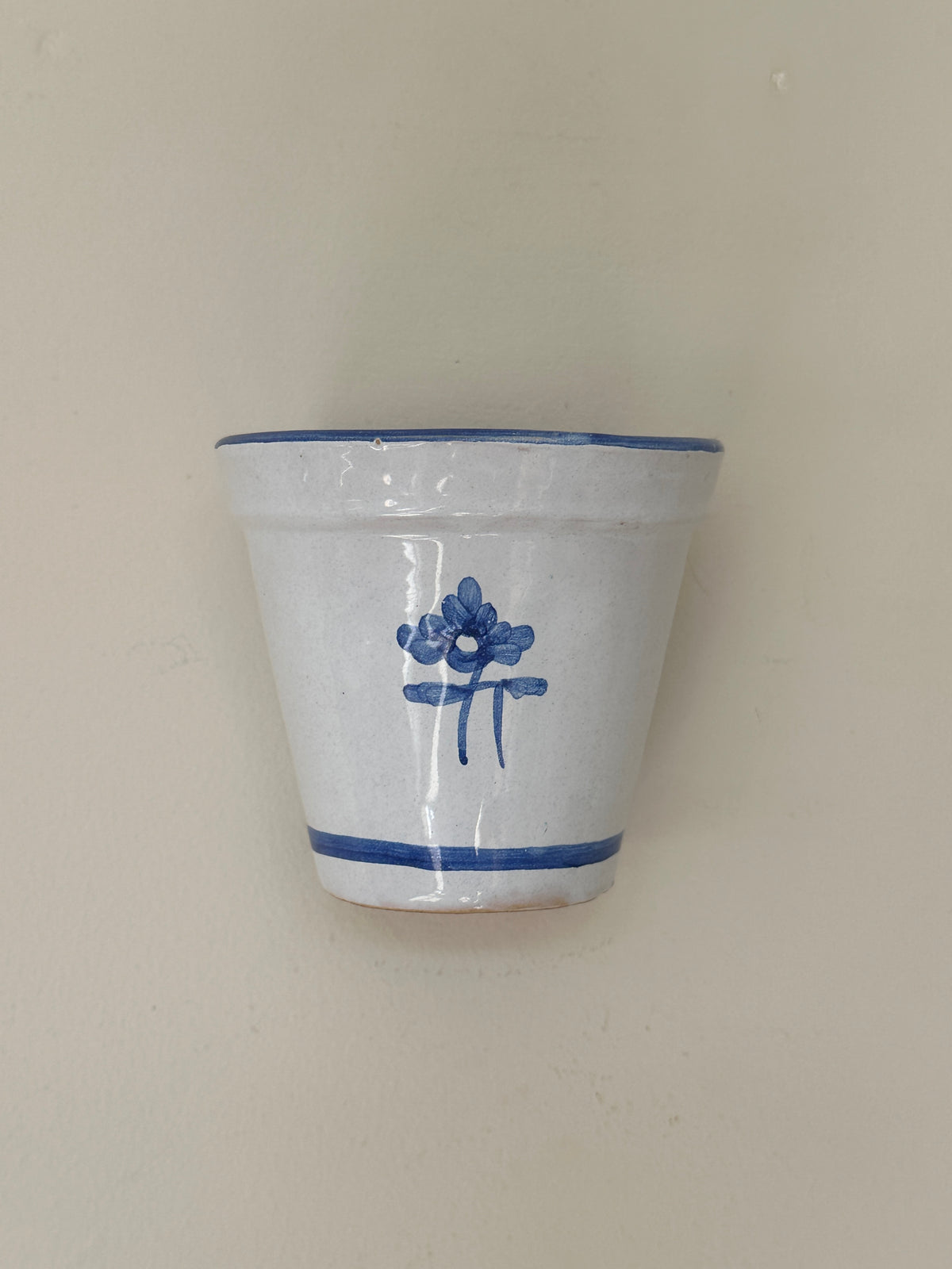 Vintage Spanish Hand-Painted Blue and Off-White Ceramic Wall Pot