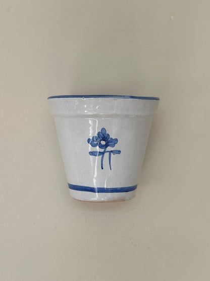 Vintage Spanish Hand-Painted Blue and Off-White Ceramic Wall Pot
