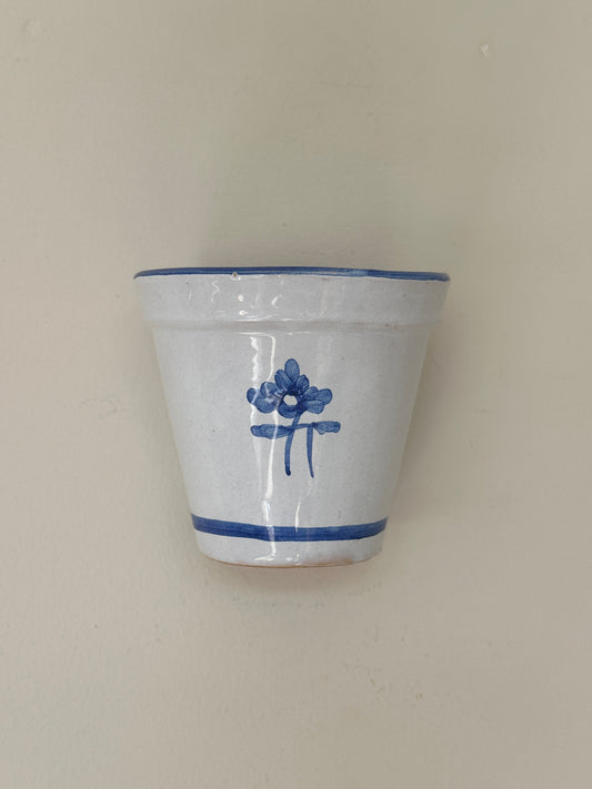 Vintage Spanish Hand-Painted Blue and Off-White Ceramic Wall Pot