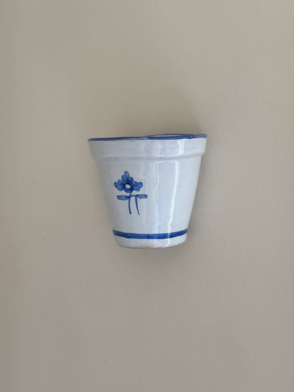 Vintage Spanish Hand-Painted Blue and Off-White Ceramic Wall Pot