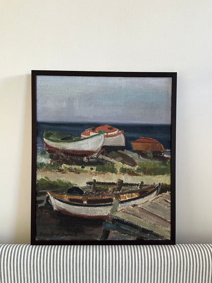 Along the Shore - Swedish Sailboat Oil Painting, Signed