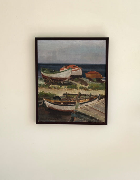 Along the Shore - Swedish Sailboat Oil Painting, Signed
