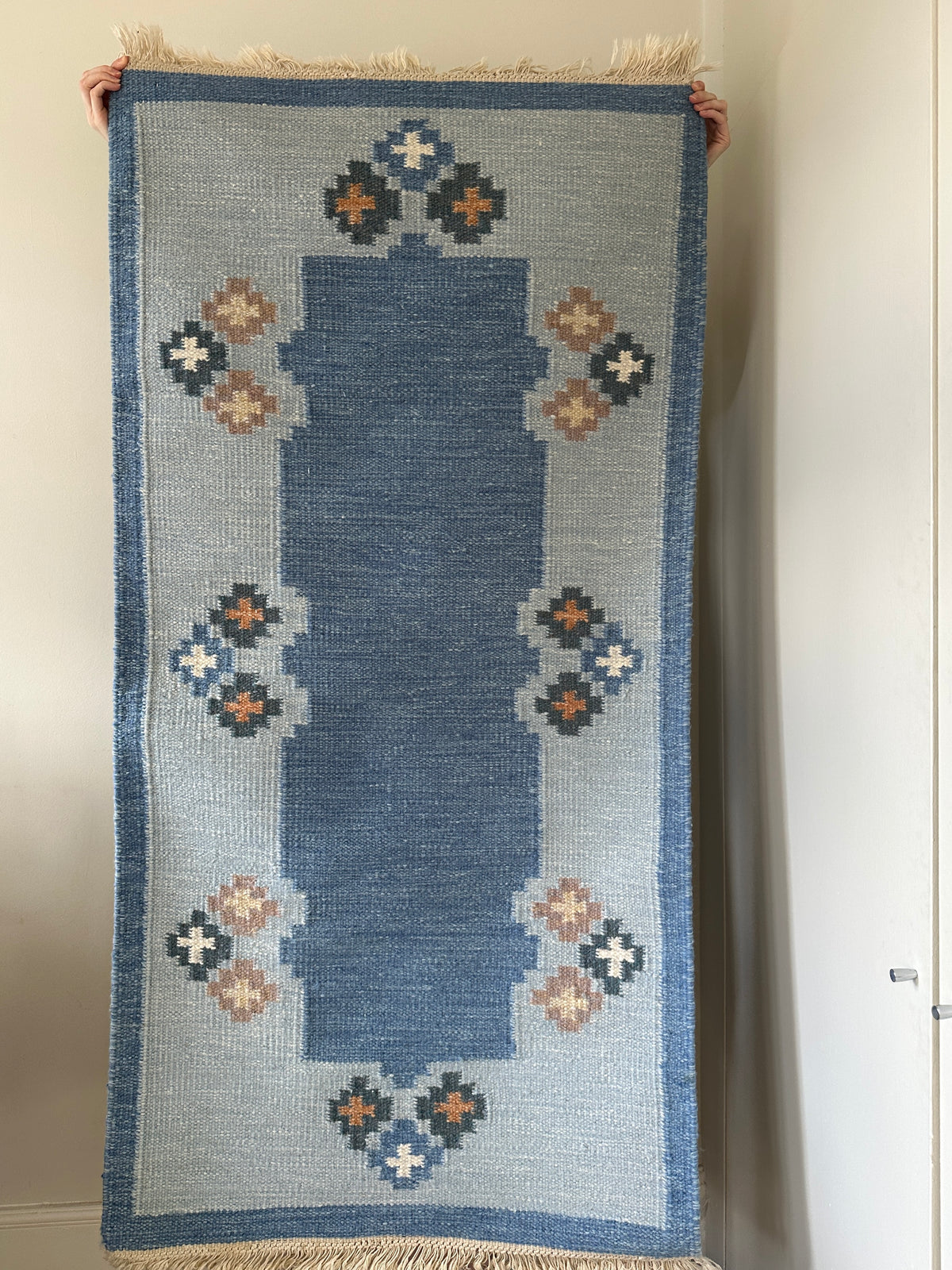 Vintage Swedish Blue Flatweave Rug with Geometric Border