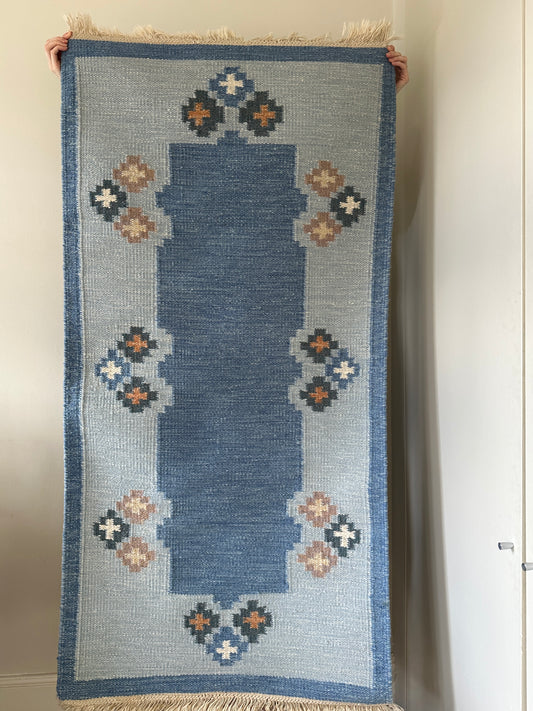Vintage Swedish Blue Flatweave Rug with Geometric Border