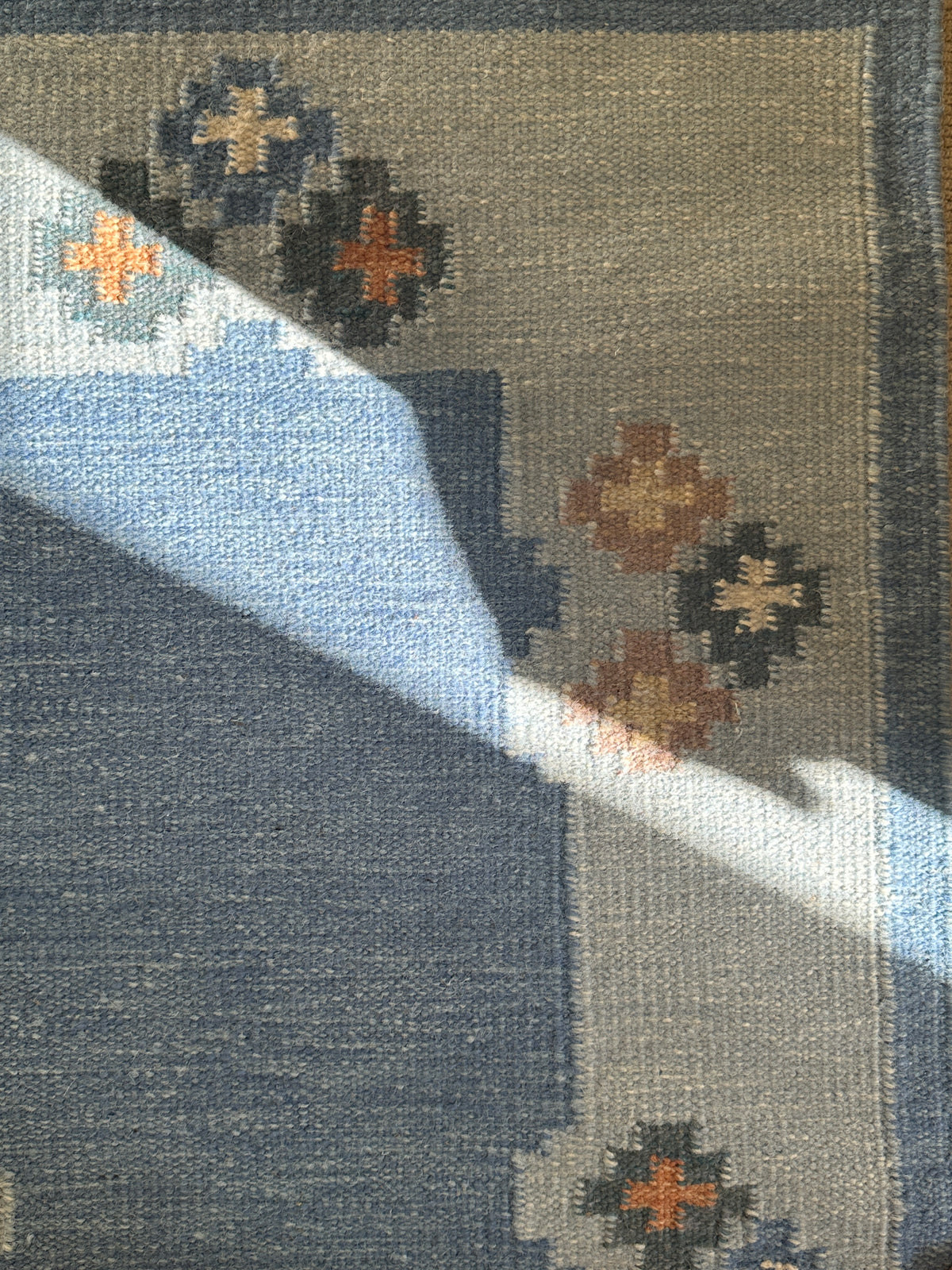 Vintage Swedish Blue Flatweave Rug with Geometric Border