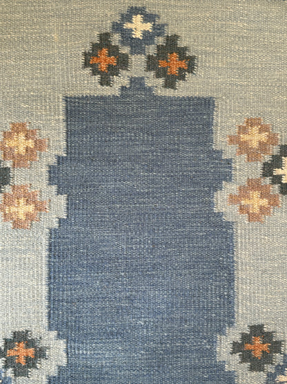 Vintage Swedish Blue Flatweave Rug with Geometric Border