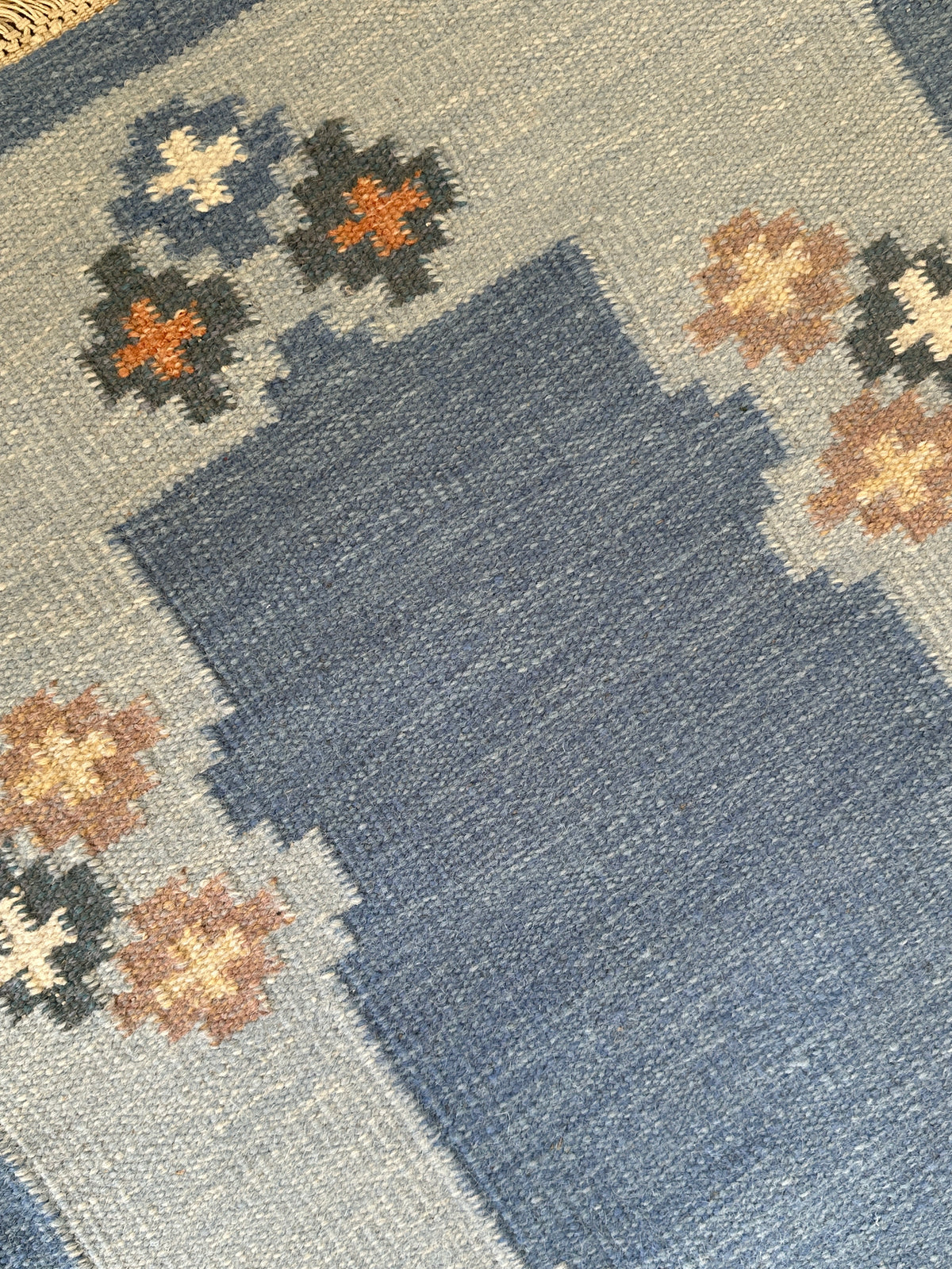 Vintage Swedish Blue Flatweave Rug with Geometric Border