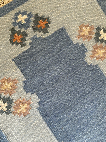 Vintage Swedish Blue Flatweave Rug with Geometric Border