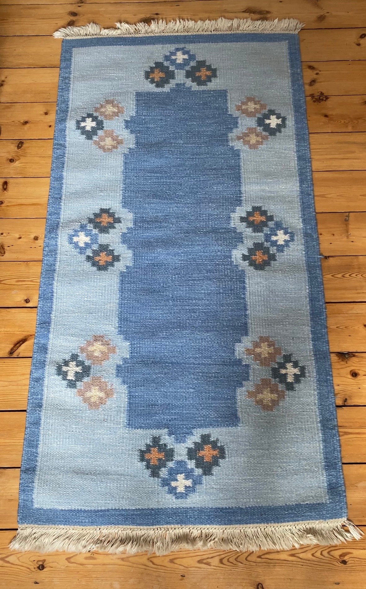 Vintage Swedish Blue Flatweave Rug with Geometric Border