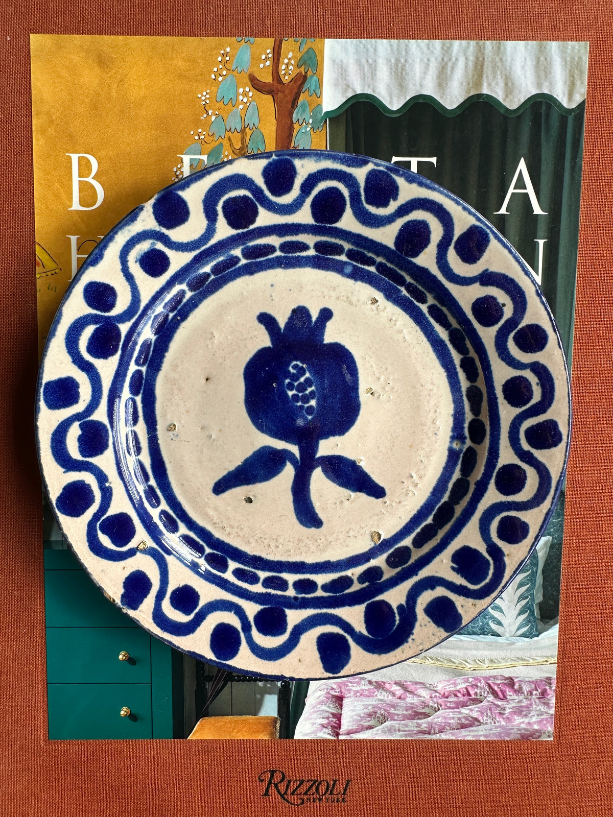 Hand-Painted Blue Ceramic Pomegranate Plate Dish