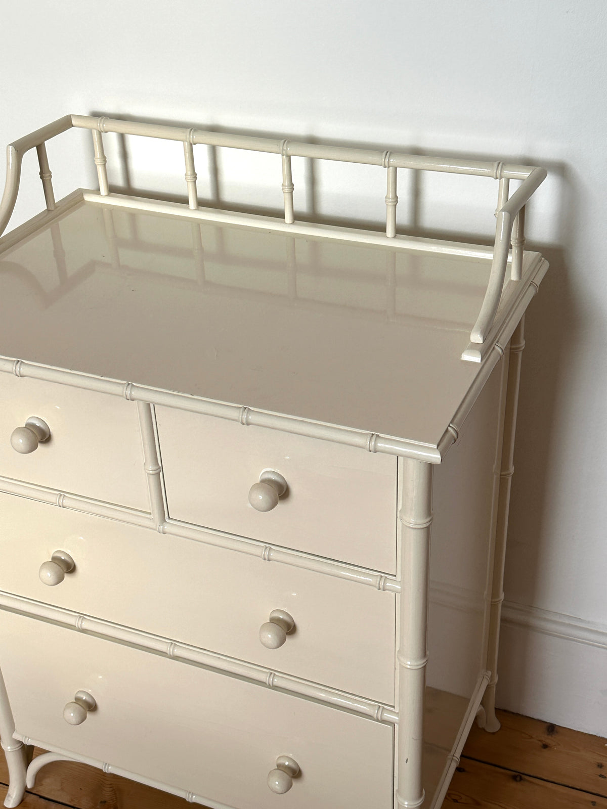 Vintage Harrods White Faux Bamboo Chest of Drawers