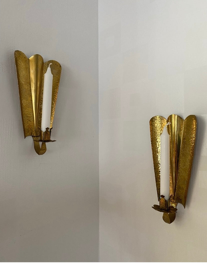 Swedish Hammered Brass Fan Sconces