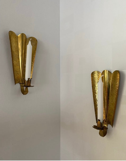 Swedish Hammered Brass Fan Sconces