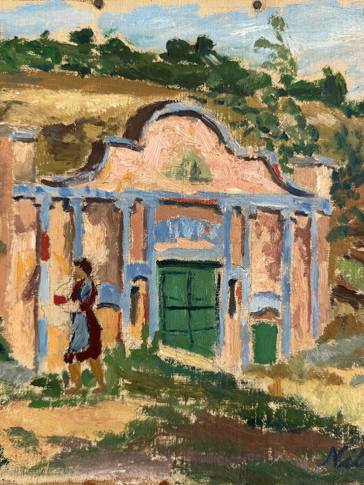 “Lady by the Pink House” – Swedish Oil Painting by Nils Apelman Öberg
