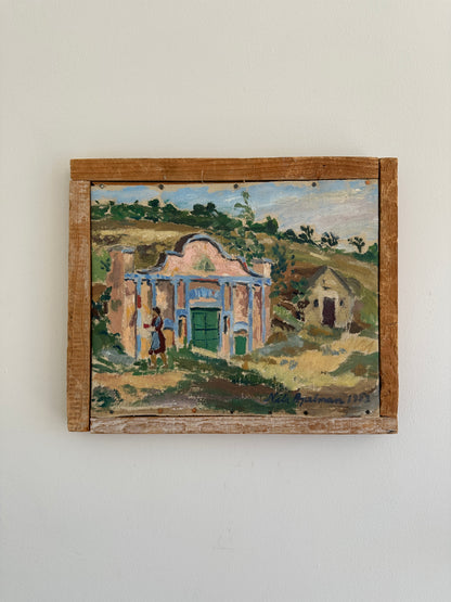 “Lady by the Pink House” – Swedish Oil Painting by Nils Apelman Öberg