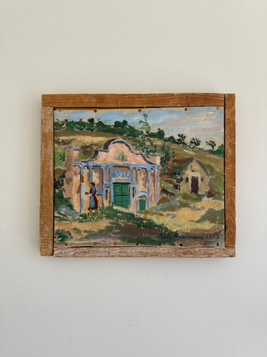 “Lady by the Pink House” – Swedish Oil Painting by Nils Apelman Öberg